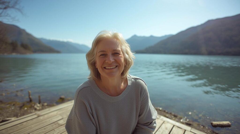 A realistic portrait of a person in their 40s, sitting on a wooden deck on the edge of a lake with mountains in the background. It is springtime. The person looks very content and fulfilled.