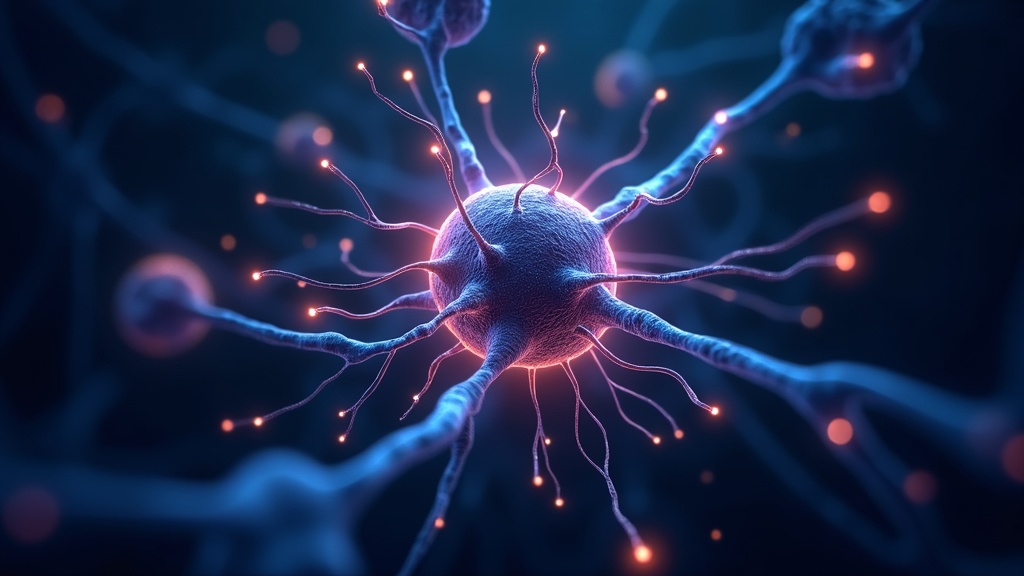 Illustration of a creatine molecule with a vibrant backdrop of neurons and synapses.