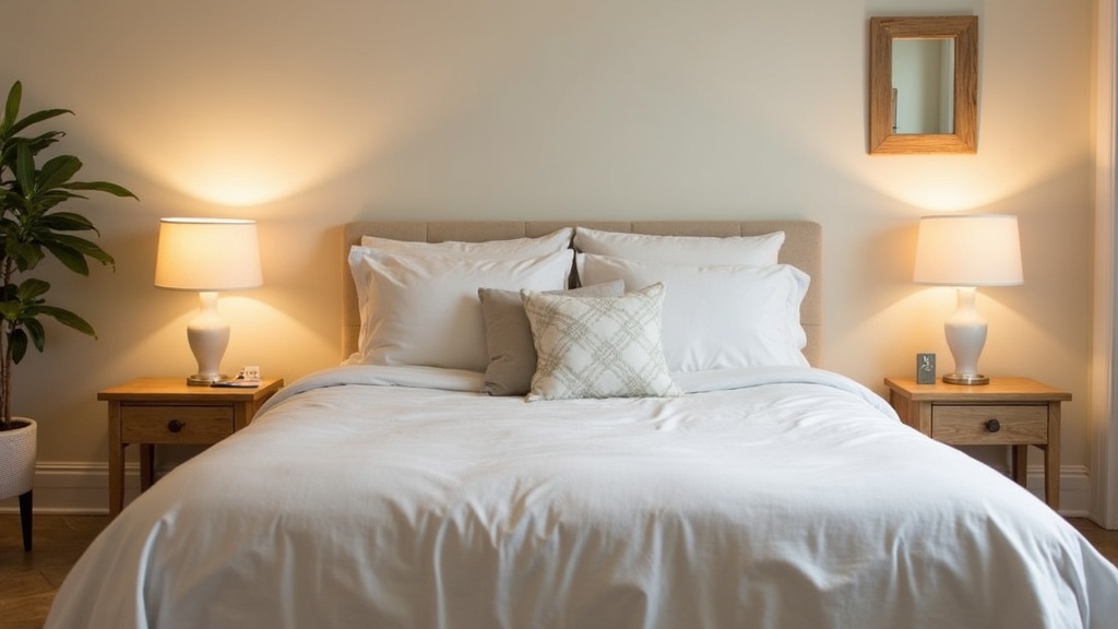 A clean, cozy bedroom with soft lighting and fresh linens, ideal for restful sleep.